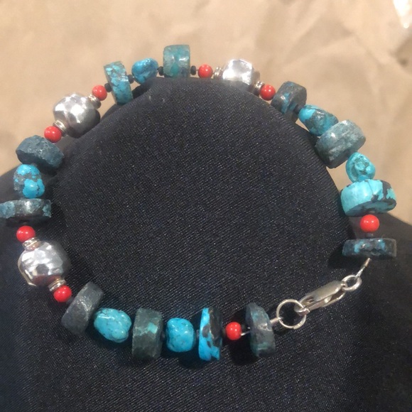 STERLING SILVER and TURQUOISE Rustic Bracelet with Lobster a Clasp - Picture 3 of 11